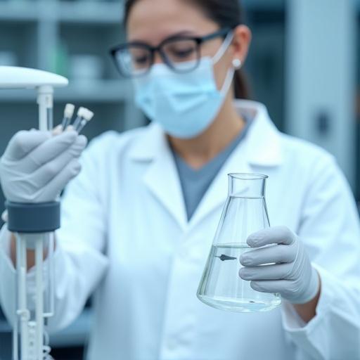 현대적인 연구실에서 연구원이 비커를 들고 있는 모습
