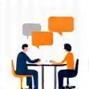 두 사람이 회의 테이블에서 아이디어를 논의하는 아이콘