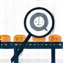 공장 컨베이어 벨트와 돋보기 아이콘