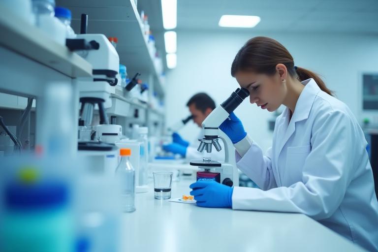 깨끗한 연구실에서 현미경으로 제품을 검사하는 모습
